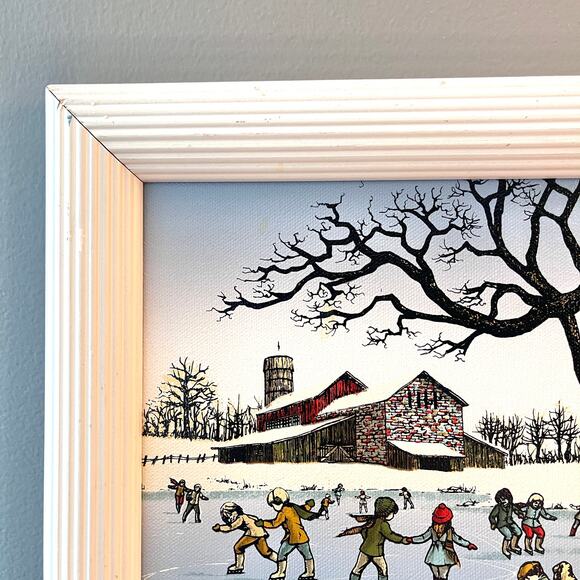 H. Hargrove The Ice Skating Pond Country Scene Framed Oil Painting Canvas Signed - Picture 2 of 15